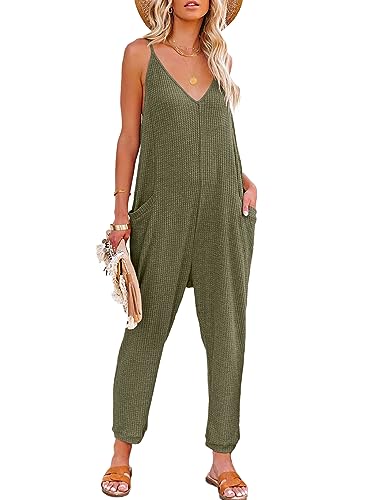 Dokotoo Jumpsuit Damen Sommer Ärmellos Overall Casual V-Ausschnitt Lose Latzhose Lang Playsuit Romper mit Taschen, grün, XL von Dokotoo