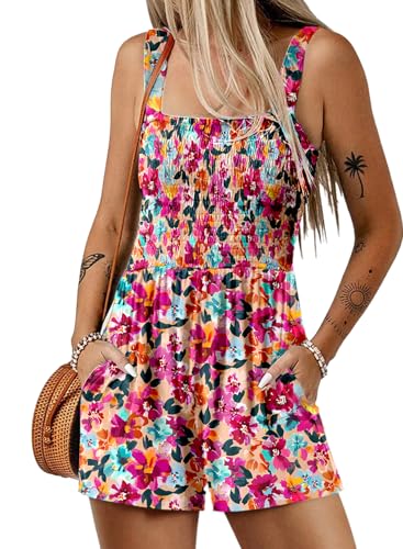 Dokotoo Jumpsuit Damen Sommer Blumenmuster Latzhose Casual Lose Overall Leicht Kurz Romper Strand Hosenrock mit Taschen, rosa, L von Dokotoo
