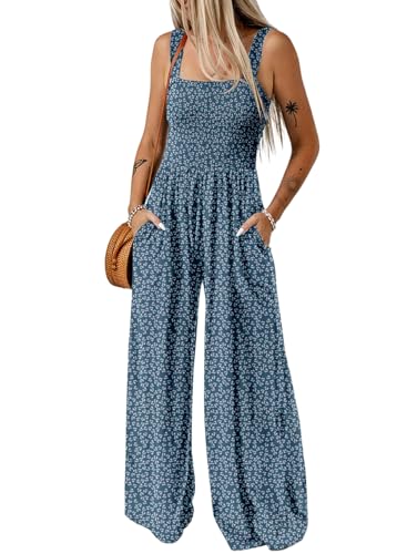 Dokotoo Jumpsuit Damen Sommer Blumenmuster Latzhose Casual Lose Overall Weites Bein Lang Romper Leicht Strand Maxikleid mit Taschen, blau, XL von Dokotoo