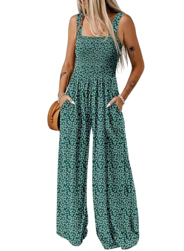 Dokotoo Jumpsuit Damen Sommer Blumenmuster Latzhose Casual Lose Overall Weites Bein Lang Romper Leicht Strand Maxikleid mit Taschen, grün, XL von Dokotoo