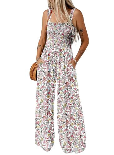 Dokotoo Jumpsuit Damen Sommer Blumenmuster Latzhose Casual Lose Overall Weites Bein Lang Romper Leicht Strand Maxikleid mit Taschen, hellrosa, XL von Dokotoo