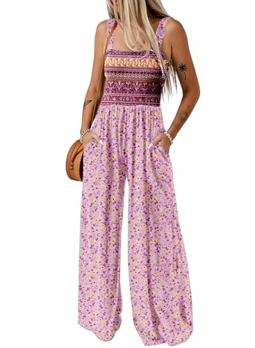 Dokotoo Jumpsuit Damen Sommer Blumenmuster Latzhose Casual Lose Overall Weites Bein Lang Romper Leicht Strand Maxikleid mit Taschen, rosa, XL von Dokotoo