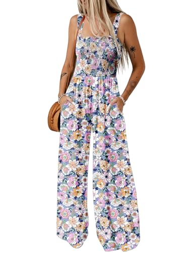 Dokotoo Jumpsuit Damen Sommer Blumenmuster Latzhose Casual Lose Overall Weites Bein Lang Romper mit Taschen, lila, S von Dokotoo