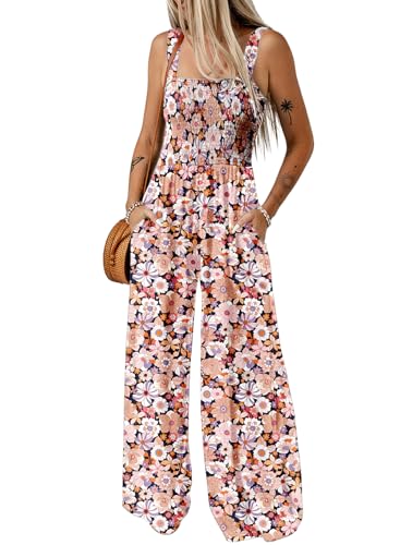 Dokotoo Jumpsuit Damen Sommer Blumenmuster Latzhose Casual Lose Overall Weites Bein Lang Romper mit Taschen, schwarz, S von Dokotoo