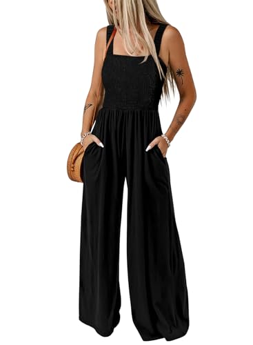 Dokotoo Jumpsuit Damen Sommer Latzhose Casual Lose Overall Leicht Lang Romper Weites Bein Hose Playsuit mit Taschen, schwarz, L von Dokotoo