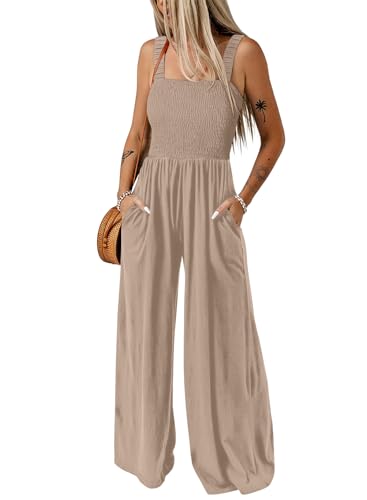 Dokotoo Jumpsuit Damen Sommer Latzhose Casual Lose Overall Weites Bein Lang Romper Leicht Strand Maxikleid mit Taschen, aprikose, XL von Dokotoo