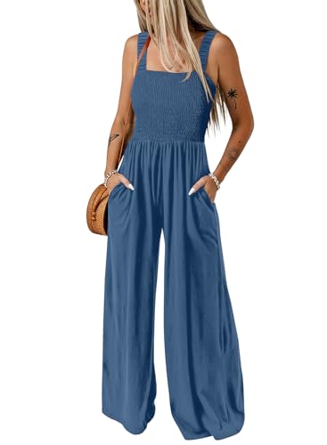 Dokotoo Jumpsuit Damen Sommer Latzhose Casual Lose Overall Weites Bein Lang Romper Leicht Strand Maxikleid mit Taschen, blau, XL von Dokotoo