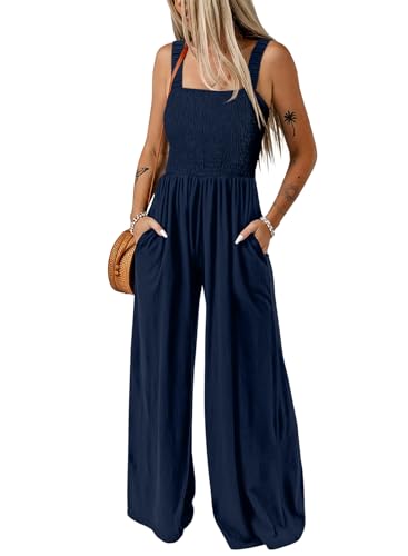 Dokotoo Jumpsuit Damen Sommer Latzhose Casual Lose Overall Weites Bein Lang Romper Leicht Strand Maxikleid mit Taschen, dunkelblau, XL von Dokotoo
