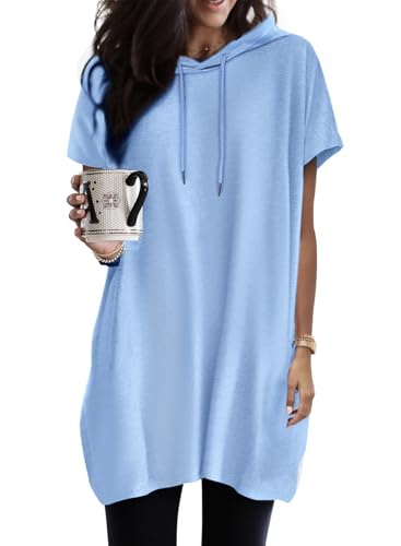 Dokotoo Kapuzenpullover Damen Hoodie Sommer Kurzarm mit Kapuze Pullover Sweatshirt Tops Oversize Tshirt Lässig Einfarbig T-Shirts Oberteile Blau M von Dokotoo