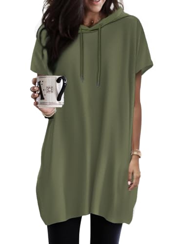 Dokotoo Kapuzenpullover Damen Hoodie Sommer Kurzarm mit Kapuze Pullover Sweatshirt Tops Oversize Tshirt Lässig Einfarbig T-Shirts Oberteile Grün XL von Dokotoo