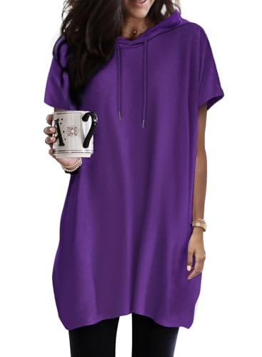 Dokotoo Kapuzenpullover Damen Hoodie Oversize T-Shirts Sommer Oberteile Kurzarm mit Kapuze Pullover Sweatshirt Tops Lässig Einfarbig Tshirts Oberteil Lila S von Dokotoo