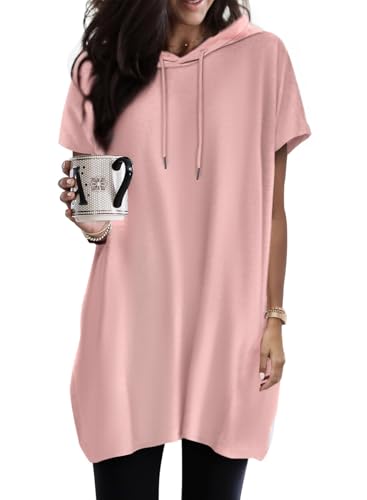 Dokotoo Kapuzenpullover Damen Hoodie Sommer Kurzarm mit Kapuze Pullover Sweatshirt Tops Oversize Tshirt Lässig Einfarbig T-Shirts Oberteile Rosa XL von Dokotoo