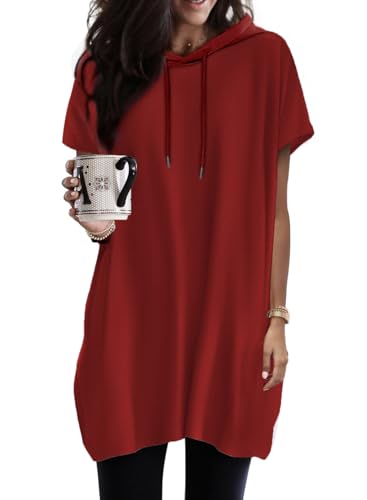 Dokotoo Kapuzenpullover Damen Hoodie Sommer Kurzarm mit Kapuze Pullover Sweatshirt Tops Oversize Tshirt Lässig Einfarbig T-Shirts Oberteile Rot M von Dokotoo