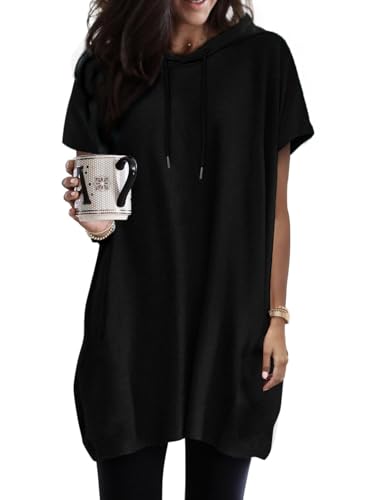 Dokotoo Kapuzenpullover Damen Hoodie Oversize T-Shirts Sommer Oberteile Kurzarm mit Kapuze Pullover Sweatshirt Tops Lässig Einfarbig Tshirts Oberteil Schwarz S von Dokotoo