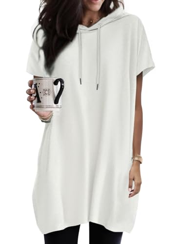 Dokotoo Kapuzenpullover Damen Hoodie Oversize T-Shirts Sommer Oberteile Kurzarm mit Kapuze Pullover Sweatshirt Tops Lässig Einfarbig Tshirts Oberteil Weiß 2XL von Dokotoo