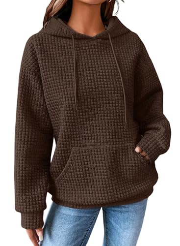 Dokotoo Kapuzenpullover Damen Hoodie Waffel Pullover mit Taschen Kordelzug Sweatshirt Einfarbig Langarmshirt Lässig Oberteile Braun L von Dokotoo