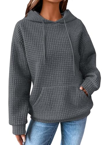 Dokotoo Kapuzenpullover Damen Hoodie Waffel Pullover mit Taschen Kordelzug Sweatshirt Einfarbig Langarmshirt Lässig Oberteile Dunkel Grau L von Dokotoo