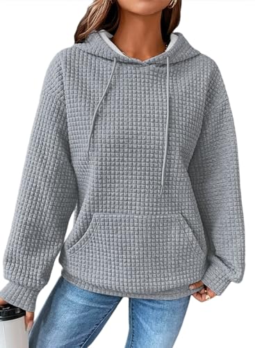 Dokotoo Kapuzenpullover Damen Hoodie Waffel Pullover mit Taschen Kordelzug Sweatshirt Einfarbig Langarmshirt Lässig Oberteile Grau S von Dokotoo