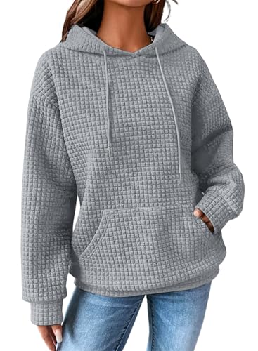 Dokotoo Kapuzenpullover Damen Hoodie Waffel Pullover mit Taschen Kordelzug Sweatshirt Einfarbig Langarmshirt Lässig Oberteile Grau S von Dokotoo