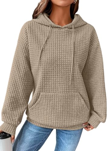 Dokotoo Kapuzenpullover Damen Hoodie Waffel Pullover mit Taschen Kordelzug Sweatshirt Einfarbig Langarmshirt Lässig Oberteile Khaki L von Dokotoo