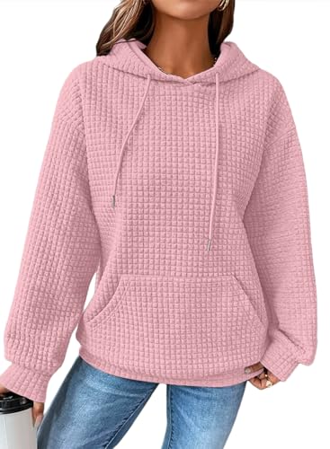 Dokotoo Kapuzenpullover Damen Hoodie Waffel Pullover mit Taschen Kordelzug Sweatshirt Einfarbig Langarmshirt Lässig Oberteile Rosa S von Dokotoo