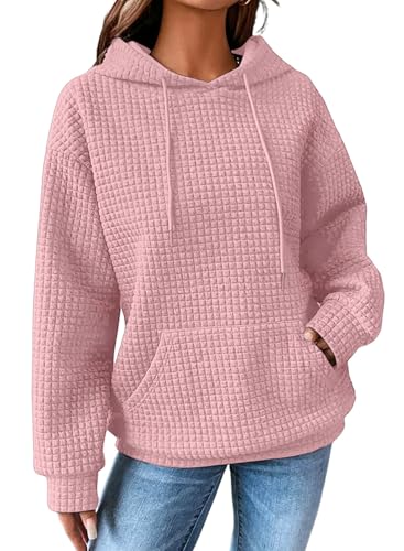 Dokotoo Kapuzenpullover Damen Hoodie Waffel Pullover mit Taschen Kordelzug Sweatshirt Einfarbig Langarmshirt Lässig Oberteile Rosa S von Dokotoo
