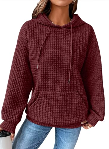 Dokotoo Kapuzenpullover Damen Hoodie Waffel Pullover mit Taschen Kordelzug Sweatshirt Einfarbig Langarmshirt Lässig Oberteile Rot 2XL von Dokotoo