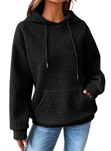 Dokotoo Kapuzenpullover Damen Hoodie Waffel Pullover mit Taschen Kordelzug Sweatshirt Einfarbig Langarmshirt Lässig Oberteile Schwarz 2XL von Dokotoo