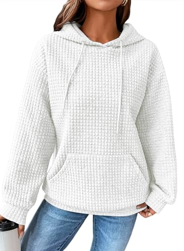 Dokotoo Kapuzenpullover Damen Hoodie Waffel Pullover mit Taschen Kordelzug Sweatshirt Einfarbig Langarmshirt Lässig Oberteile Weiß 2XL von Dokotoo