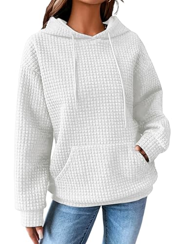 Dokotoo Kapuzenpullover Damen Hoodie Waffel Pullover mit Taschen Kordelzug Sweatshirt Einfarbig Langarmshirt Lässig Oberteile Weiß XL von Dokotoo