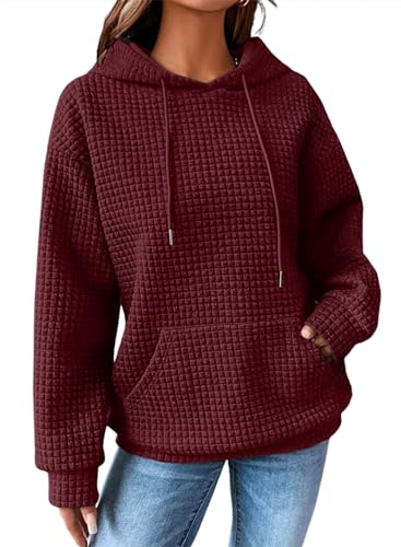 Dokotoo Kapuzenpullover Damen Hoodie Waffel Pullover mit Taschen Kordelzug Sweatshirt Herbst Winter Einfarbig Langarmshirt Lässig Oberteile Rot L von Dokotoo