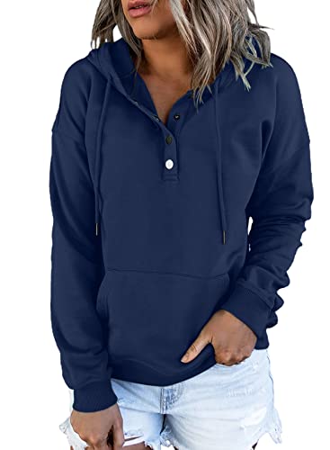 Dokotoo Kapuzenpullover Damen Knopfleiste Hoodie Pullover Langarm Herbst Winter Langarmshirt Oberteile Pulli, blau, XL von Dokotoo