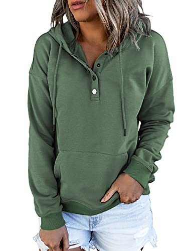 Dokotoo Kapuzenpullover Damen Knopfleiste Hoodie Pullover Langarm Herbst Winter Sweatshirt Oberteil Kapuzenpulli, grün, XXL von Dokotoo