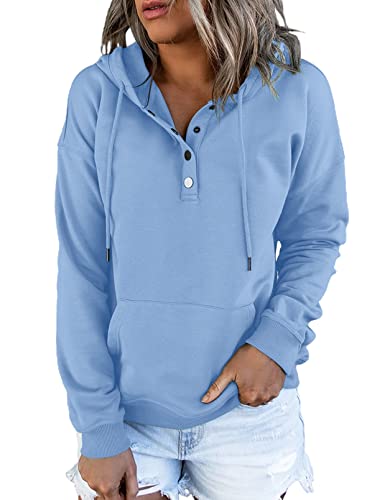 Dokotoo Kapuzenpullover Damen Knopfleiste Hoodie Pullover Langarm Herbst Winter Sweatshirt Oberteil Pulli, himmelblau, L von Dokotoo