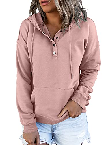 Dokotoo Kapuzenpullover Damen Knopfleiste Hoodie Pullover Langarm Herbst Winter Sweatshirt Oberteil Pulli, rosa, L von Dokotoo