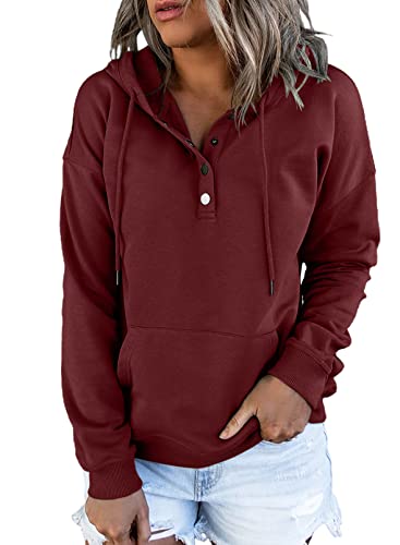 Dokotoo Kapuzenpullover Damen Knopfleiste Hoodie Pullover Langarm Herbst Winter Sweatshirt Oberteil Pulli, rot, L von Dokotoo