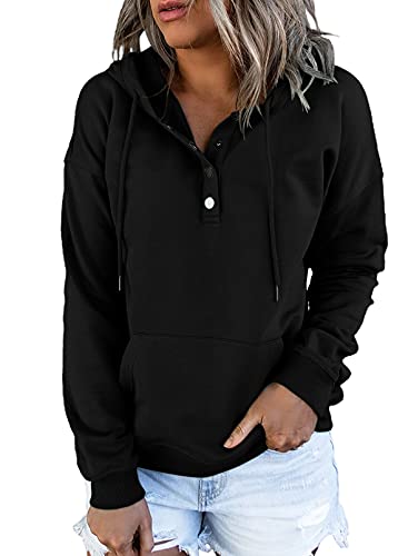 Dokotoo Kapuzenpullover Damen Knopfleiste Hoodie Pullover Langarm Herbst Winter Sweatshirt Oberteil Pulli, schwarz, L von Dokotoo