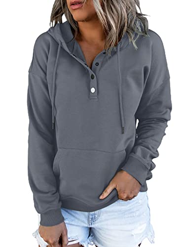 Dokotoo Kapuzenpullover Damen Knopfleiste Hoodie Pullover Langarm Herbst Winter Sweatshirt Oberteile Pulli, grau, L von Dokotoo