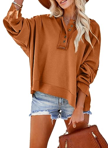 Dokotoo Kapuzenpullover Damen Knopfleiste Hoodie Pullover Langarm Locker Hoody Oberteil Pulli für Herbst Winter, orange, M von Dokotoo