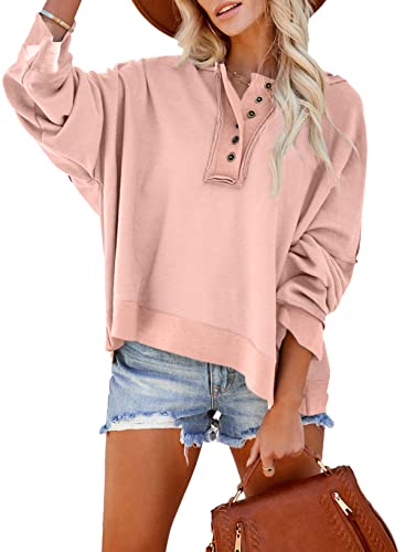 Dokotoo Kapuzenpullover Damen Knopfleiste Hoodie Pullover Langarm Locker Hoody Oberteil Pulli für Herbst Winter, rosa, M von Dokotoo