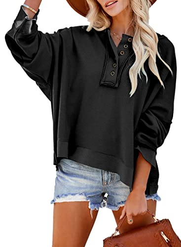 Dokotoo Kapuzenpullover Damen Knopfleiste Hoodie Pullover Langarm Locker Hoody Oberteil Pulli für Herbst Winter, schwarz, M von Dokotoo