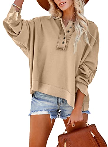 Dokotoo Kapuzenpullover Damen Knopfleiste Hoodie Pullover Langarm Locker Sweatshirt Oberteil Pulli für Herbst Winter, Khaki, S von Dokotoo