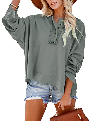 Dokotoo Kapuzenpullover Damen Knopfleiste Hoodie Pullover Langarm Locker Sweatshirt Oberteil Pulli für Herbst Winter, grau, S von Dokotoo