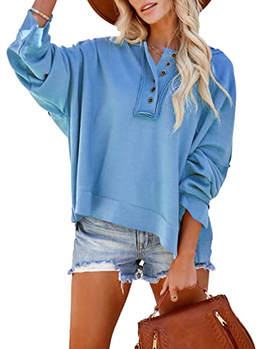 Dokotoo Kapuzenpullover Damen Knopfleiste Hoodie Pullover Langarm Locker Sweatshirt Oberteil Pulli für Herbst Winter, himmelblau, S von Dokotoo