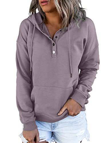 Dokotoo Kapuzenpullover Damen Knopfleiste Hoodies Pullover Langarm Herbst Winter Sweatshirt Oberteil Pulli, violett, S von Dokotoo