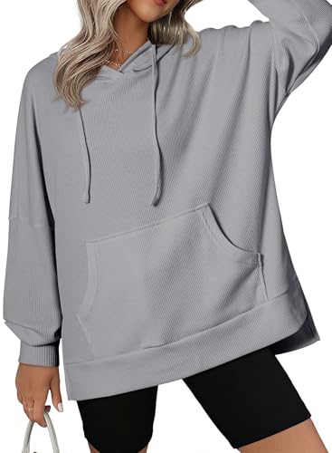 Dokotoo Kapuzenpullover Damen Oversize Hoodie Pullover Langarm Herbst Winter Kapuzenpulli Casual Waffel Sweatshirt Oberteil Pulli, grau, S von Dokotoo