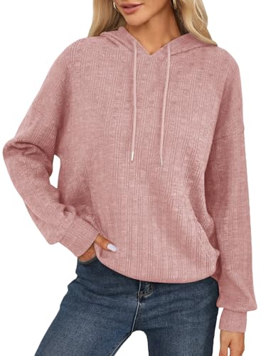 Dokotoo Kapuzenpullover Damen V-Ausschnitt Rippstrick Hoodie Pullover Herbst Winter Lässige Kapuzenpulli Langarm Lose Sweatshirt Oberteil Pulli, rosa, XL von Dokotoo