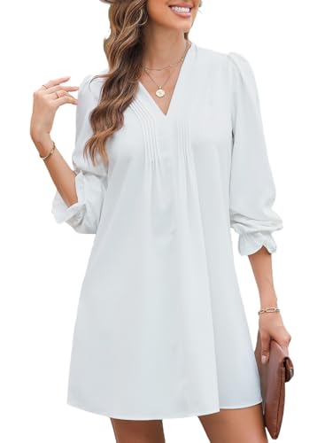 Dokotoo Kleid Damen Langarm Elegant Einfarbig A-Linien Rüschenärmel V-Ausschnitt Midikleid Partykleid Freizeitkleid Dating-Kleid Sommerkleider Rüschenkleid Weiß M von Dokotoo