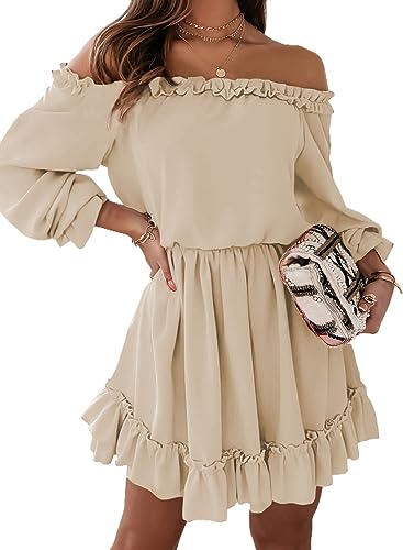 Dokotoo Kleid Damen Langarm Elegant Hohe Taille Einfarbig Schulterfrei A-Linien Minikleid Partykleid Freizeitkleid Dating-Kleid Sommerkleider Rüschenkleid Aprikose L von Dokotoo