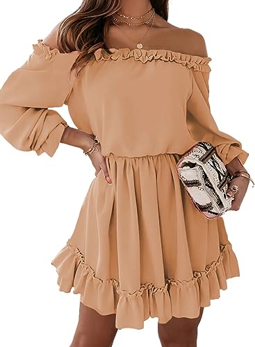 Dokotoo Kleid Damen Langarm Elegant Hohe Taille Einfarbig Schulterfrei A-Linien Minikleid Partykleid Freizeitkleid Dating-Kleid Sommerkleider Rüschenkleid Orange L von Dokotoo